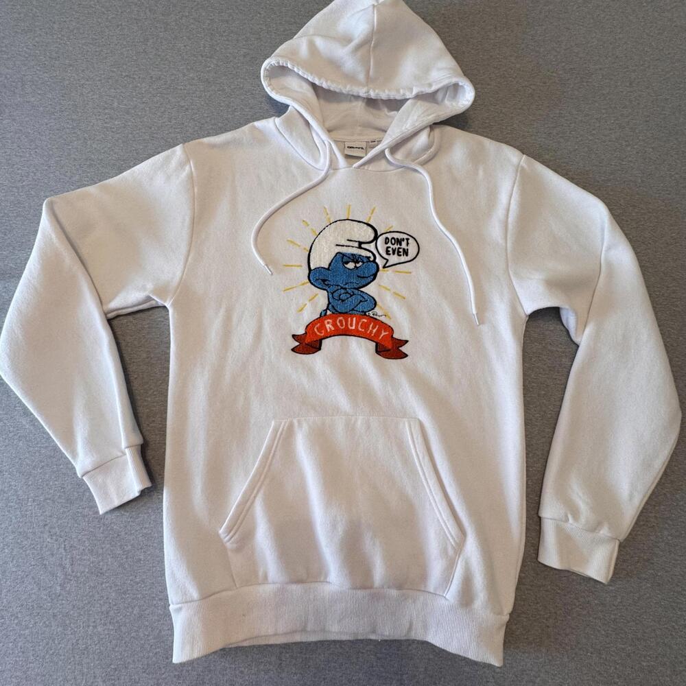 Adult Size Small Smurfs White Hoodie with Smurf Embroidery White Blue Red